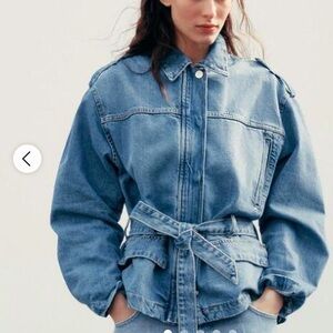 Zara Light Blue Belted Denim Jacket